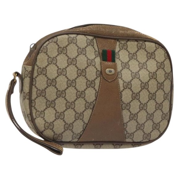 GUCCI GG Supreme Web Sherry Line Clutch Bag PVC Beige - Picture 1 of 15